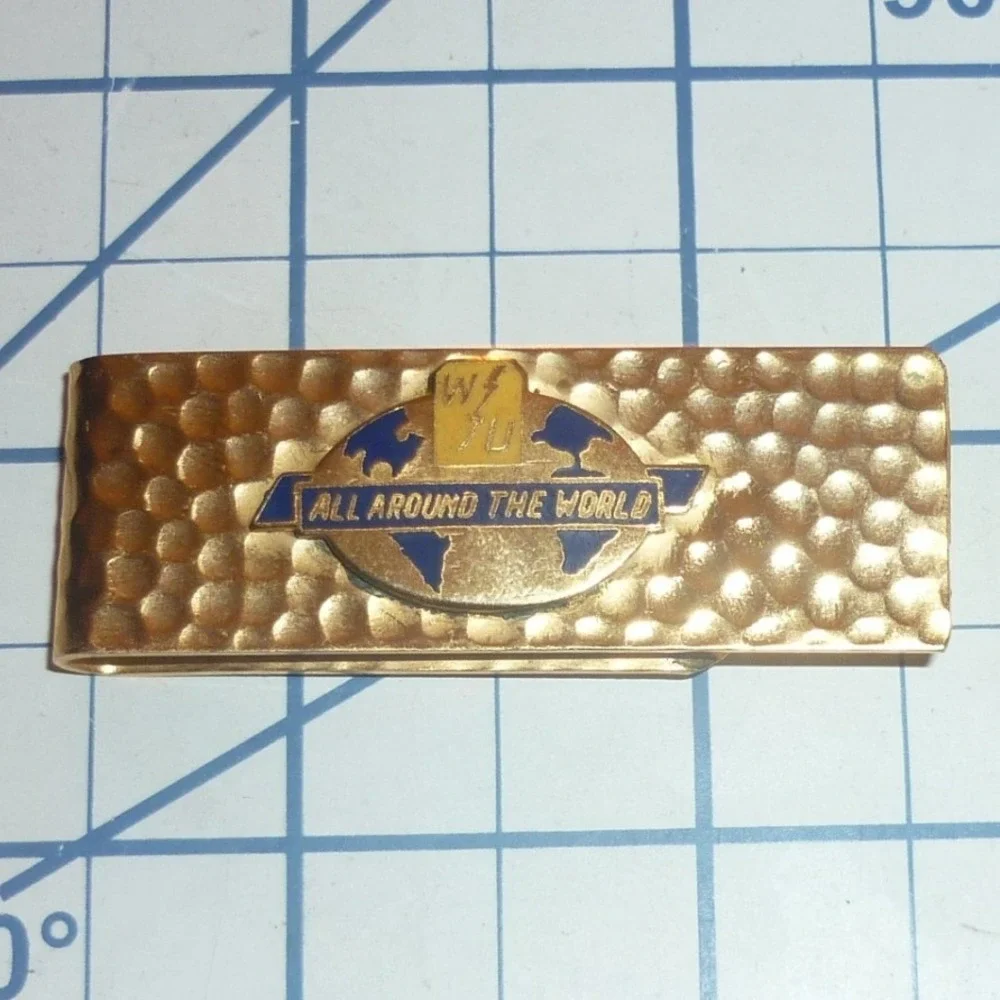 Vintage All Around The World Money Clip Gold Tone Hammered Metal Globe Travel
